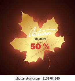 hand writing Autumn text  boder, Banner Sale premium gold leaves