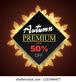hand writing Autumn text  boder, Banner Sale premium gold leaves on black