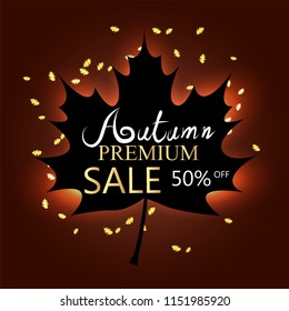 hand writing Autumn text  boder, Banner Sale premium black leaf maple