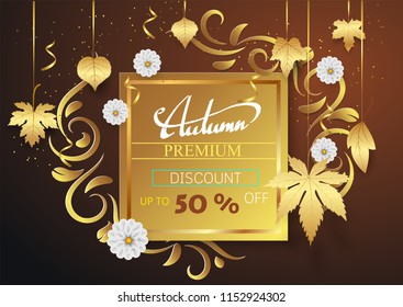 hand writing Autumn text  boder, Banner premium black and gold.