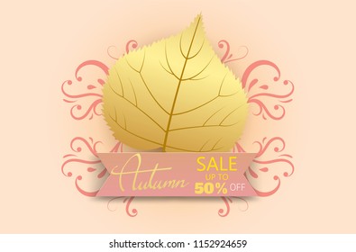 hand writing  Autumn text  border gold leaves, Banner premium on pink background