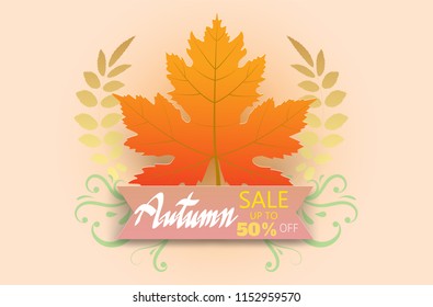 hand writing  Autumn text  border orange gold leaves, Banner premium on pink background