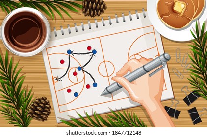 Hand writing basketball plan close up on desk background with pancake and some leaves props illustration