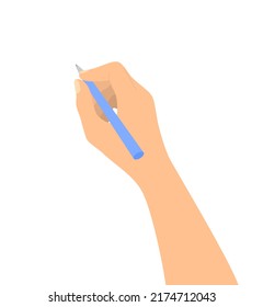 Hand writing with a blue pen isolated on a white background. Flat vector illustration