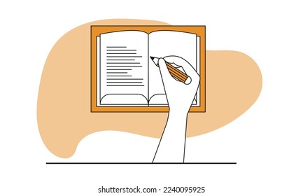 Hand writing in a book vector illustration concept. Education business person and study workspace with pencil. Human workplace and writer work on document. School and student planner knowledge