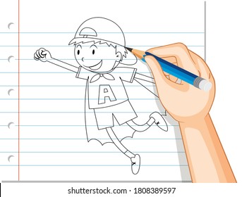 Escritura manual de un niño actuando como ilustración de contorno de héroe