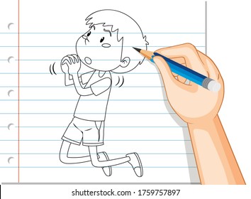 Hand writing of boy with begging pose outline illustration