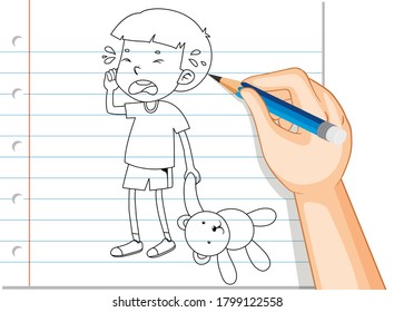 Escritura a mano de niño llorando con un esquemático de oso de peluche ilustración