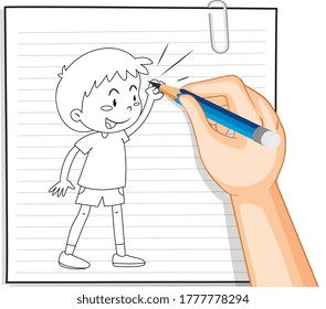 Hand writing of boy with fighting pose outline illustration