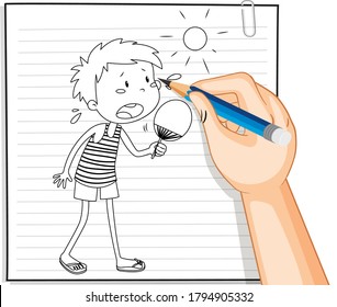 Hand writing of boy holding fan in summer weather outline illustration