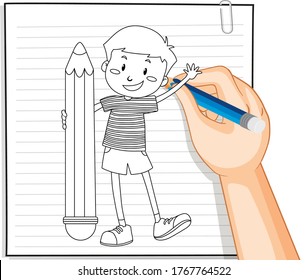 Hand writing of boy holding pencil outline illustration