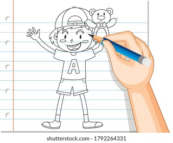 Hand writing of boy holding teddy bear outline illustration