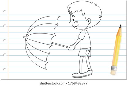 Hand writing of boy holding umbrella outline illustration