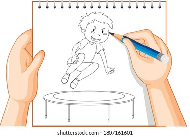 Hand writing of boy jumping on trampoline outline illustration