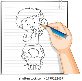 Hand writing of boy playing with cute cat outline illustration