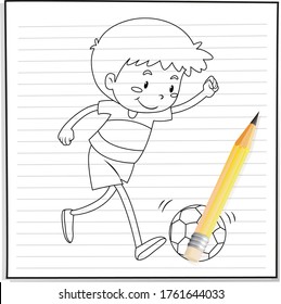 Hand Writing Of Boy Playing Football Outline Illustration