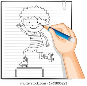 Hand writing of boy playing roller skate outline illustration