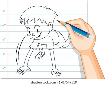 Hand writing of boy starting run pose outline illustration