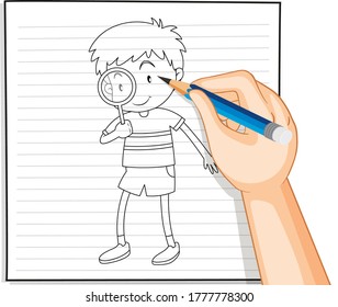 Hand writing of boy using magnifying glass outline illustration