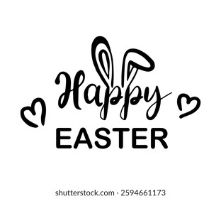 Hand writing calligraphic lettering Happy Easter with bunny ears and heart shape decoration isolated on transparent background. Vector design element for greeting card, invitation, banner