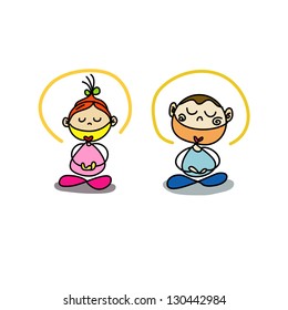 hand writing cartoon character boy and girl meditation