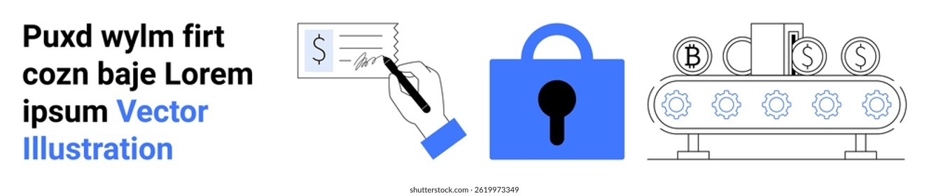 Handschreibprüfung, blaues Vorhängeschloss, automatische Verarbeitungsmaschine mit Währungssymbolen, die Sicherheit hervorheben. Ideal für Fintech, digitale Zahlungen, Cybersicherheit, Automatisierung, E-Commerce, Tech-Blogs