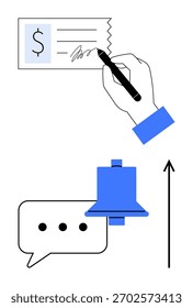 Bolha de verificação de fala de escrita à mão com seta para cima com sino de elipse em preto e azul. Ideal para finanças, comunicação, notificações, bancos, lembretes, crescimento, simplicidade. Metáfora de linha