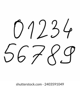 Hand writing childlike black digits numbers font from 0 to 9 font set. Vector illustration in doodle hand drawn style isolated on white background. For design, price, font.
