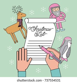hand writing christmas list reindeer penguin and santa claus