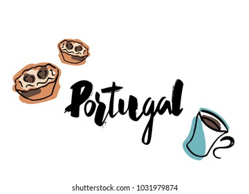 Hand writing “Portugal” with coffee and dessert illustration