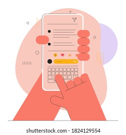The hand writing a comment on social media