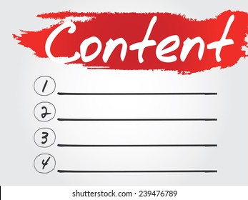 Hand writing Content Blank List, vector concept background