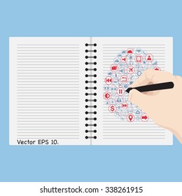 Hand writing Creative human brain with Creative business icons, technology icons and strategy planning web icons Idea on the notebook, Vector Illustration EPS 10.