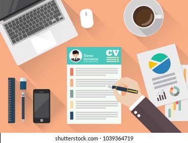 Hand Writing Curriculum Vitae Application Paper Sheet. Flat Style Vector Illustration