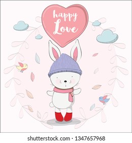 Hand writing of Cute Bunny Rabbit vector illustration for greeting and invitation card. Easter celebration Concept