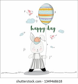 Hand writing of Cute Bunny Rabbit vector illustration for greeting and invitation card. Easter celebration Concept