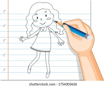 Hand writing of cute curl long hair girl outline illustration