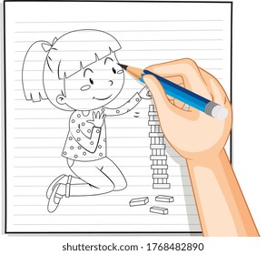 Hand writing cute girl playing domino outline illustration