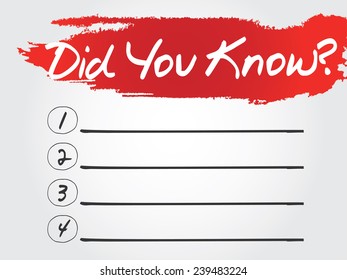 Hand writing Did You Know Blank List, vector concept background