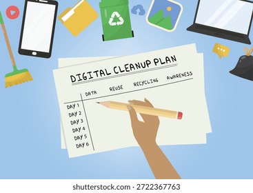 Escrever à mão um plano de limpeza digital com tarefas diárias em um ambiente de trabalho tecnológico desordenado, ideal para profissionais de data declutter, bem-estar digital e conceitos de consciência ecológica. Dia da limpeza digital. Ilustração vetorial
