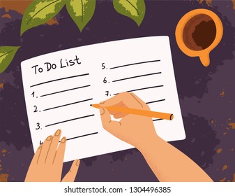 Hand writing a To Do List to a notebook. Top view. Cup of coffee on the table and green leaves. Vector illustration isolated.
