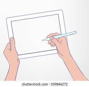 Hand writing or drawing by digital pen on  blank screen of tablet computer looks like ipade. Using digital tablet, concept. Stylish vector illustration isolated on white can be used as a mockup.