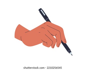 Hand writing, drawing with liner. Artists arm holding thin felt-tip pen for handwriting, calligraphy, painting. Wrist and art tool, instrument. Flat vector illustration isolated on white background