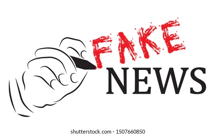 Hand writing "fake" beside "news. Creative vector banner illustration. Hoax, misleading, manipulation of information concept. 