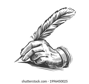 Hand writing with a feather. Illustration drawn in vintage engraving style