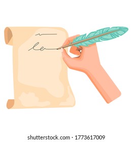 Hand Writing with Feather Pen Ink on Vintage Paper Scroll in Illustration Cartoon Vector isolated in White Background