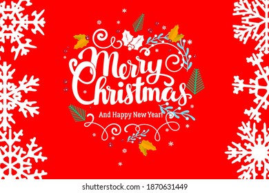 Hand writing  flat vintage simple  Merry Christmas card design with snowflakes. Soft colored template for different projects, backdrops, brochures, flyers, social media banner, marketing material