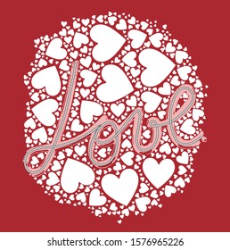 hand writing font love words by strings with white heart illustration on red background vector emblem pattern.