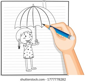 Hand writing of girl holding umbrella outline illustration