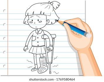 Hand writing of girl using crutch outline illustration
